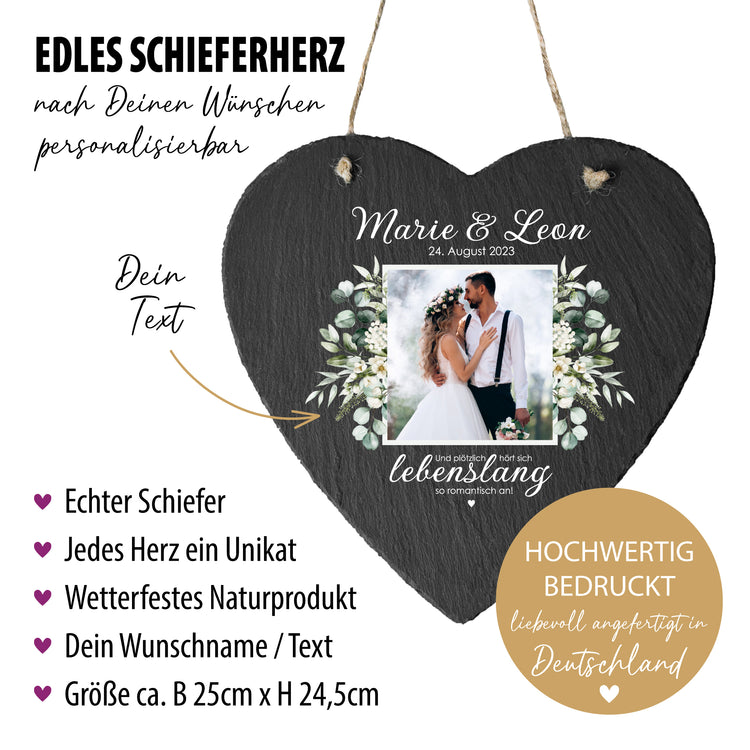 Schieferherz zur Hochzeit Lebenslang  mit Wunschfoto