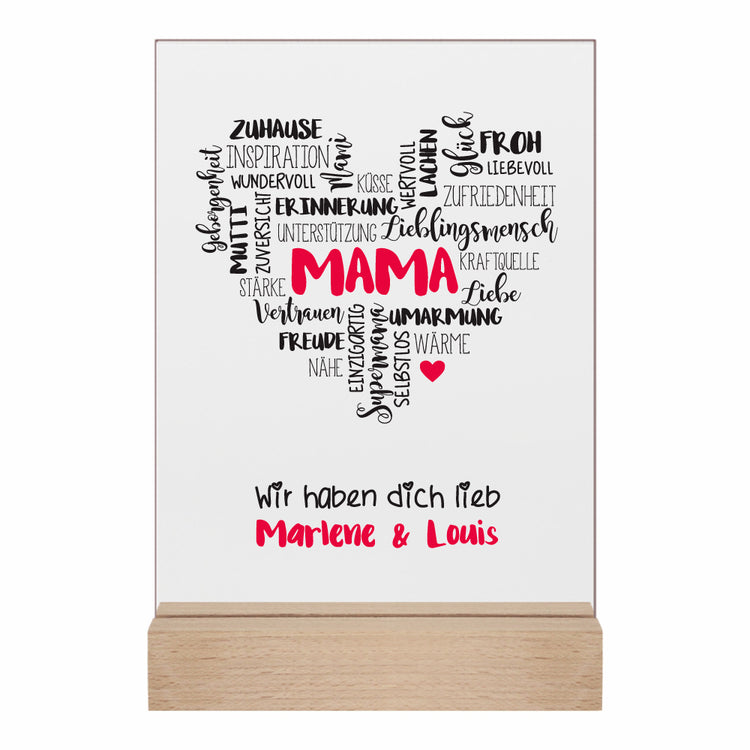 Acrylaufsteller Schriftherz Mama personalisiert mit Euren Namen