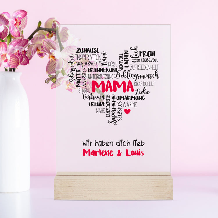 Acrylaufsteller Schriftherz Mama personalisiert mit Euren Namen