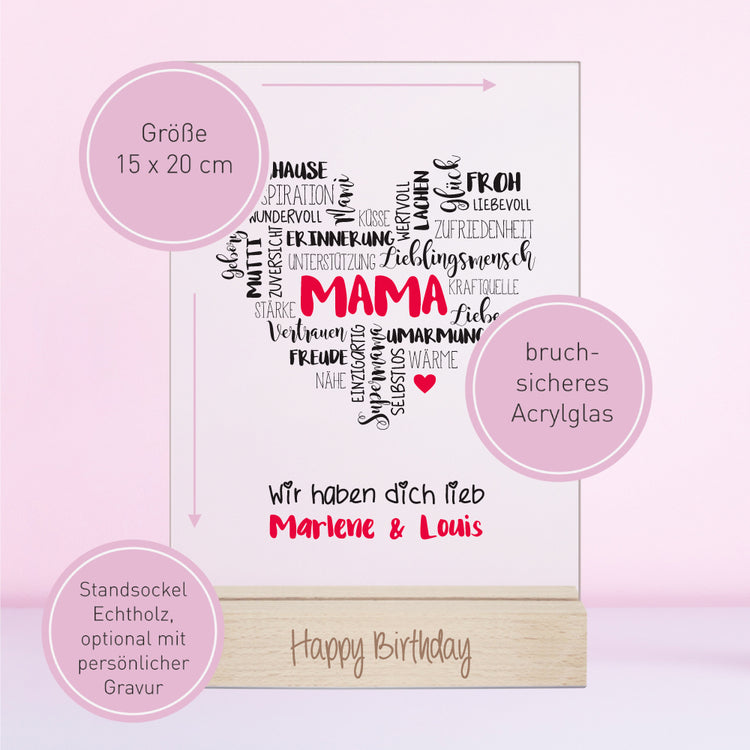 Acrylaufsteller Schriftherz Mama personalisiert mit Euren Namen