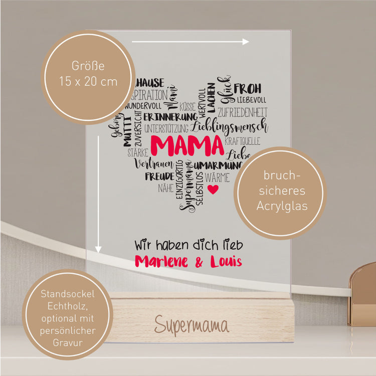 Acrylaufsteller Schriftherz Mama personalisiert mit Euren Namen