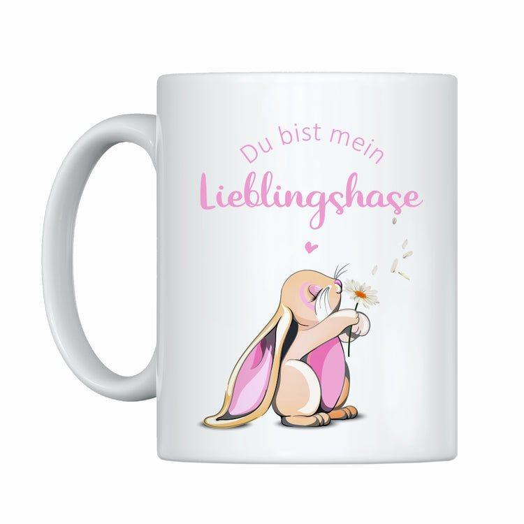 Weiße Tasse Du bist mein Lieblingshase! - rosa Hase