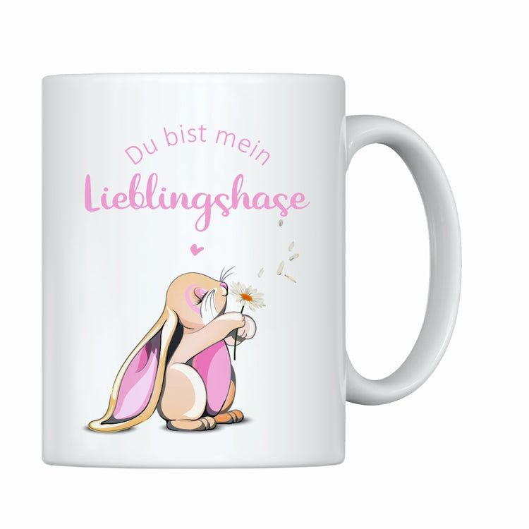 Weiße Tasse Du bist mein Lieblingshase! - rosa Hase