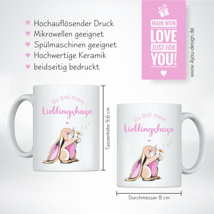 Weiße Tasse Du bist mein Lieblingshase! - rosa Hase