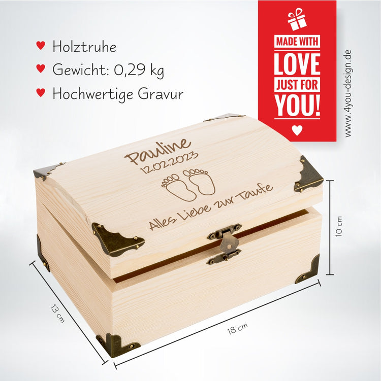 Personalisierbare Schatztruhe Alles Liebe zur Taufe Motiv Füße