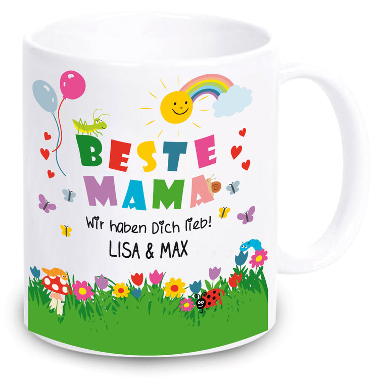 Weiße Tasse Beste Mama - Motiv: Spielwiese | Personalisiert mit Namen