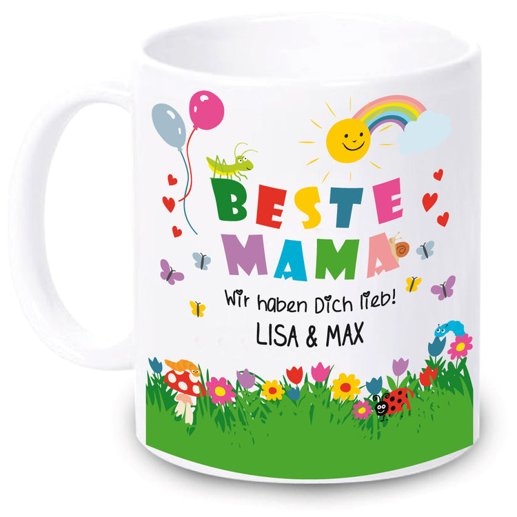 Weiße Tasse Beste Mama - Motiv: Spielwiese | Personalisiert mit Namen