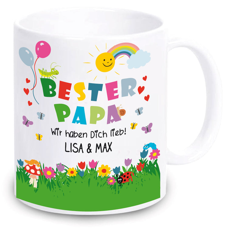 Weiße Tasse Bester Papa - Motiv: Spielwiese | Personalisiert mit Namen