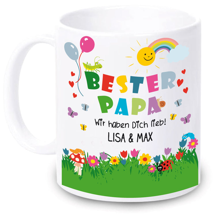 Weiße Tasse Bester Papa - Motiv: Spielwiese | Personalisiert mit Namen