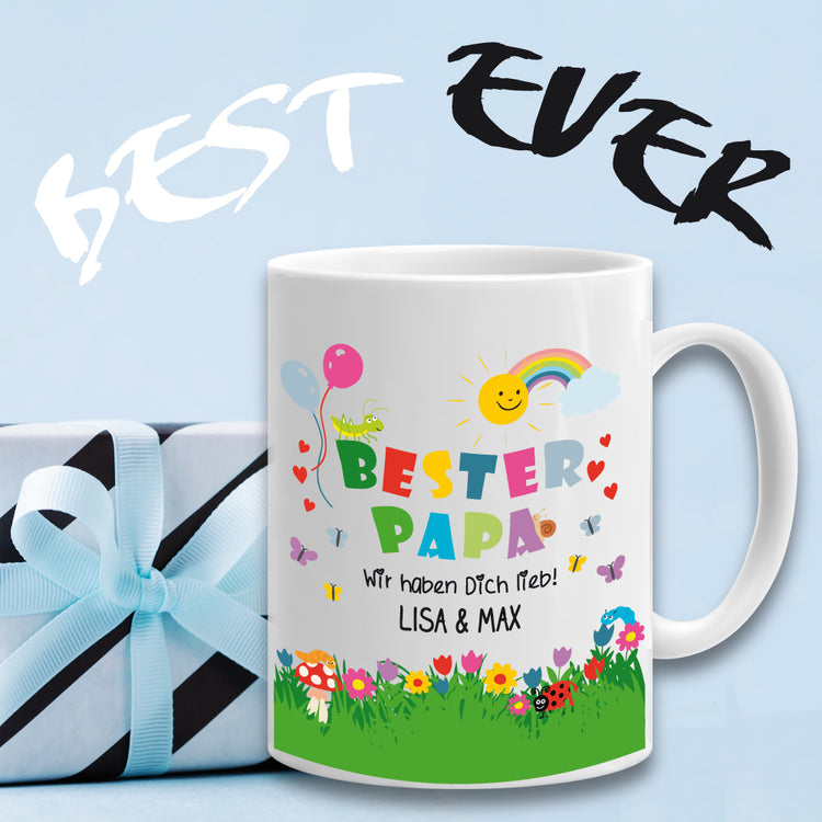 Weiße Tasse Bester Papa - Motiv: Spielwiese | Personalisiert mit Namen